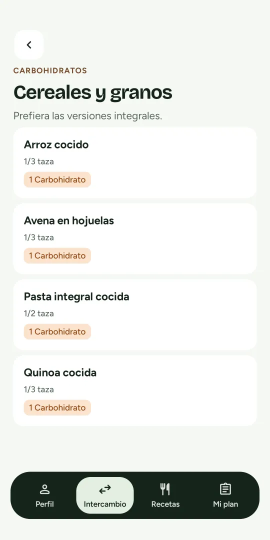 Lista de intercambio en la app: cereales y granos con la medida de una porción