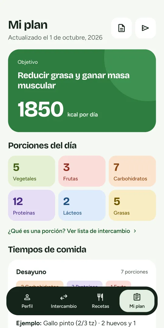 Pantalla Mi plan de la app: objetivo, calorías del día y porciones por grupo de alimentos