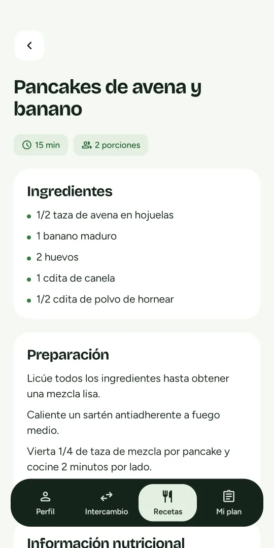 Receta en la app: pancakes de avena y banano con ingredientes y preparación