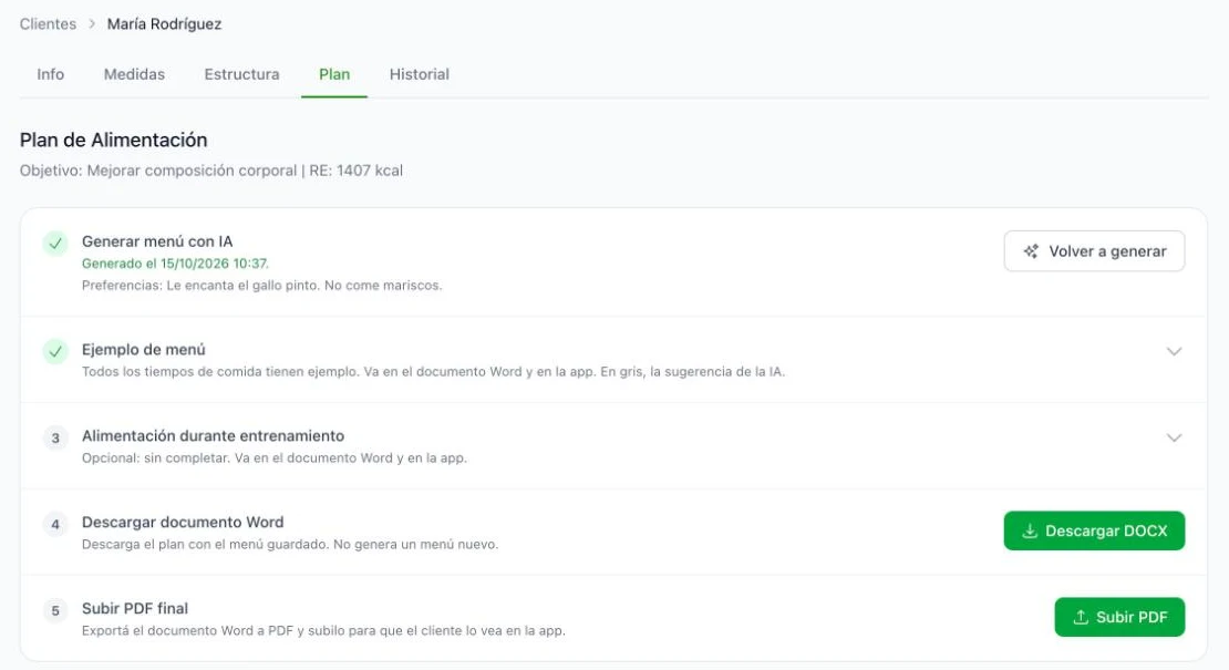 Pantalla del plan en NutriFit: menú generado con IA, ejemplo de menú y descarga del documento Word